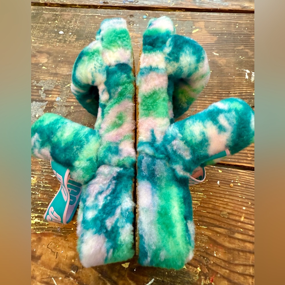 Ugg Womens Fluff Yeah Marble Sz 9 Aquatic Blue Real Lamb Fur Slide Slippers - Picture 4 of 8